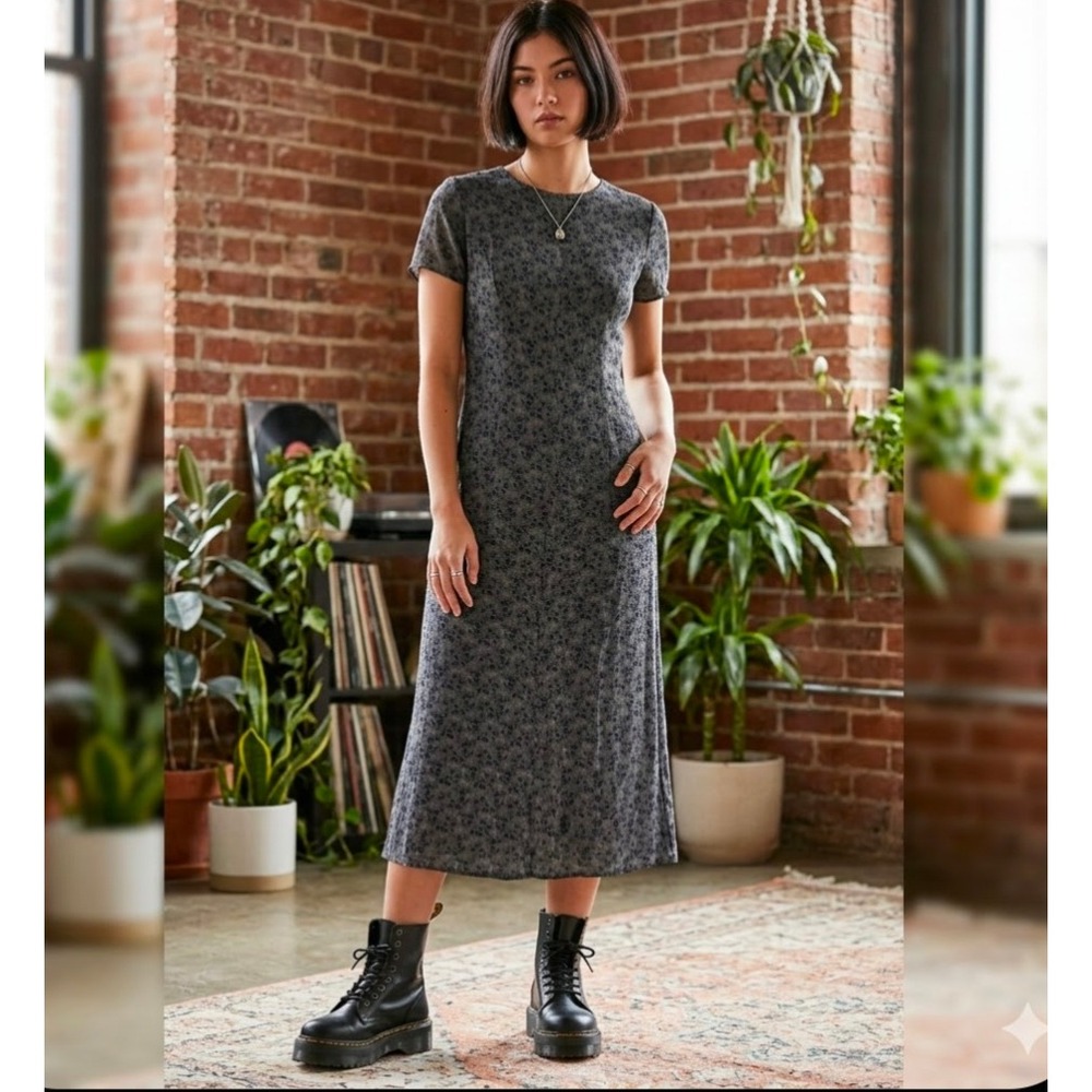 Talbots Petites Vintage Floral Rayon Midi Dress Gray Black Short‎ Sleeve Size 8P
